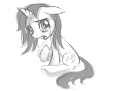 Size: 1024x768 | Tagged: safe, artist:hentman, rarity, g4, rarity takes manehattan, crying, female, floppy ears, grayscale, looking at you, messy mane, monochrome, open mouth, raised hoof, sitting, sketch, solo, underhoof, wet, wet mane, wet mane rarity