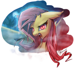 Size: 1857x1718 | Tagged: safe, artist:chingilin, fluttershy, bat pony, pony, bats!, g4, female, flutterbat, frame, glowing eyes, out of frame, partial background, race swap, solo