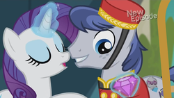 Size: 1280x720 | Tagged: safe, screencap, rarity, welcome inn, pony, unicorn, g4, rarity takes manehattan, season 4, bellhop, bellhop pony, eyes closed, eyeshadow, gem, grin, imminent kissing, magic, male, open mouth, out of context, smiling, stallion, telekinesis