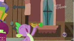 Size: 534x301 | Tagged: safe, screencap, spike, bird, dragon, g4, rarity takes manehattan, season 4, angry, animated, carrot dog, eyes closed, frown, glare, hub logo, male, rage, simpsons did it, smiling, solo, spikeabuse, the simpsons