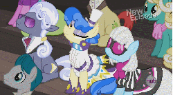 Size: 768x426 | Tagged: safe, screencap, daisy, don neigh, flower wishes, hoity toity, honey curls, lavender bloom, mare e. lynn, photo finish, sapphire shores, upper east side, earth pony, pony, g4, rarity takes manehattan, animated, audience, clapping, cute, female, happy, hub logo, male, mare, sapphire sweetness, stallion