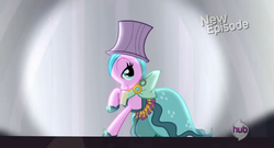 Size: 571x309 | Tagged: safe, screencap, satin lace, earth pony, pony, g4, my little pony: friendship is magic, rarity takes manehattan, background pony, female, hotel chic, hub logo, lidded eyes, looking at you, mare, new episode, raised hoof, smiling, solo