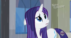 Size: 569x308 | Tagged: safe, screencap, rarity, g4, rarity takes manehattan, female, hub logo, solo, wet, wet mane, wet mane rarity