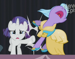 Size: 500x391 | Tagged: safe, screencap, rarity, satin palette, pony, unicorn, g4, rarity takes manehattan, background pony, clothes, dress, duo, female, mare, open mouth, out of context, pushing