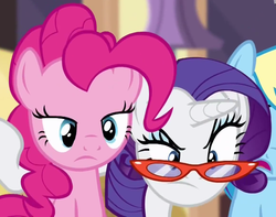 Size: 1155x910 | Tagged: safe, pinkie pie, rarity, g4, rarity takes manehattan, disapproval, glare, glasses