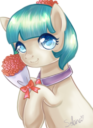 Size: 550x750 | Tagged: safe, artist:solanapple, coco pommel, earth pony, pony, g4, rarity takes manehattan, cocobetes, colored pupils, cute, female, flower, hoof hold, simple background, solo, transparent background