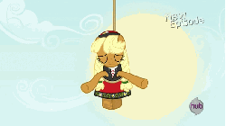 Size: 576x324 | Tagged: safe, screencap, hinny of the hills, earth pony, hinny, pony, rarity takes manehattan, animated, clothes, d:, dress, eyes closed, female, hub logo, hubble, mare, open mouth, rope, singing, solo, sun, suspended, the hub, tongue out, underhoof, uvula