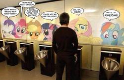 Size: 600x390 | Tagged: safe, edit, applejack, fluttershy, pinkie pie, rainbow dash, rarity, twilight sparkle, human, g4, bathroom, irl, irl human, mane six, out of context, photo, toilet