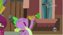 Size: 570x321 | Tagged: safe, screencap, blueberry curls, spike, bird, dragon, pony, g4, rarity takes manehattan, season 4, aerial view, animated, background pony, carrot dog, city, cityscape, hub logo, male, manehattan, simpsons did it, spikeabuse, stadium, taxi, taxi pony, the simpsons, unnamed character, unnamed pony, zoom out