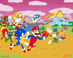 Size: 2500x2000 | Tagged: safe, artist:mighty355, derpy hooves, dj pon-3, iron will, rainbow dash, scootaloo, spitfire, vinyl scratch, pegasus, pony, yoshi, g4, bowser, crossover, doctor eggman, female, globox, king teensie, knuckles the echidna, luigi, male, mare, mario, miles "tails" prower, race, racer, rayman, reflux the knaaren, sonic the hedgehog, sonic the hedgehog (series), super mario bros.