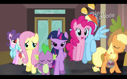 Size: 1680x1050 | Tagged: safe, screencap, applejack, coco pommel, fluttershy, pinkie pie, rainbow dash, spike, suri polomare, twilight sparkle, alicorn, pony, g4, rarity takes manehattan, female, lidded eyes, mane six, mare, twilight sparkle (alicorn)