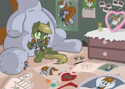 Size: 1058x756 | Tagged: safe, artist:brisineo, oc, oc only, oc:homage, oc:littlepip, oc:murky, pegasus, pony, unicorn, fallout equestria, fallout equestria: murky number seven, butt, calendar, candle, clothes, drawing, fanfic, fanfic art, female, foam finger, glowing horn, gun, handgun, heart, hooves, horn, jumpsuit, levitation, little macintosh, magazine, magic, male, mare, obsessed dash meme, obsession, optical sight, pillow, pinup, pipbuck, plot, plushie, poster, revolver, shrine, smiling, solo, stalker shrine, stallion, teeth, telekinesis, toy, vault suit, weapon, wings