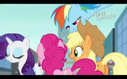 Size: 1680x1050 | Tagged: safe, screencap, applejack, pinkie pie, rainbow dash, rarity, g4, rarity takes manehattan, hub logo, out of context