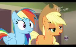 Size: 1680x1050 | Tagged: safe, applejack, rainbow dash, g4, rarity takes manehattan, hub logo