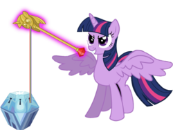Size: 613x462 | Tagged: artist needed, safe, twilight sparkle, alicorn, pony, g4, princess twilight sparkle (episode), rarity takes manehattan, chest of harmony, female, flail, grin, magic, mare, rainbow thread, simple background, smiling, solo, spread wings, telekinesis, transparent background, twilight scepter, twilight sparkle (alicorn), weapon