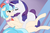 Size: 1030x682 | Tagged: safe, artist:lunararitymod, coco pommel, rarity, pony, unicorn, g4, my little pony: friendship is magic, rarity takes manehattan, bedroom eyes, blushing, cocobetes, cuddling, cute, eyes closed, eyeshadow, female, floppy ears, grin, heart, hug, lesbian, lying, lying down, mare, nuzzling, on back, prone, ship:marshmallow coco, shipping, smiling, snuggling, wink