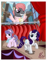 Size: 1024x1344 | Tagged: dead source, safe, artist:teammagix, prim hemline, rarity, suri polomare, rarity takes manehattan, conspiracy, female, hilarious in hindsight, marionette, puppet, rarionette, stage, style emulation, surreal, trio, trio female