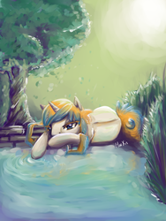 Size: 1200x1600 | Tagged: safe, artist:maexis, oc, oc only, calico koi, pond, solo, tree, water