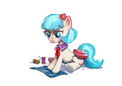 Size: 1158x818 | Tagged: safe, artist:cmaggot, coco pommel, earth pony, pony, g4, rarity takes manehattan, female, mare, needle, saddle bag, sewing, solo, thread