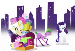 Size: 2377x1626 | Tagged: safe, artist:rariedash, rarity, spike, deer, pony, unicorn, g4, rarity takes manehattan, bag, be a deer, cutie mark, deerified, female, floppy ears, frown, hooves, horn, horns, lidded eyes, lineless, luggage, male, mare, open mouth, pun, raised hoof, rarity being rarity, smiling, species swap, unamused, visual pun
