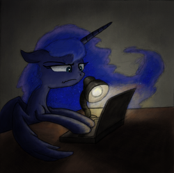 Size: 800x797 | Tagged: safe, artist:hewison, princess luna, g4, computer, female, lamp, laptop computer, solo