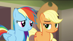 Size: 1920x1080 | Tagged: safe, screencap, applejack, rainbow dash, g4, rarity takes manehattan, eye contact, lidded eyes, out of context, smiling