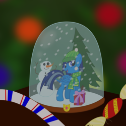 Size: 9000x9000 | Tagged: safe, artist:csillaghullo, oc, oc only, pegasus, pony, g4, absurd resolution, candy cane, christmas, hat, pine tree, present, snow, snow globe, snowfall, snowman, solo, tree