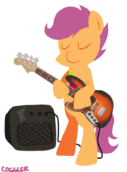 Size: 639x864 | Tagged: safe, artist:coggler, scootaloo, pony, g4, bass guitar, bipedal, female, guitar, musical instrument, scootabass, simple background, solo, white background