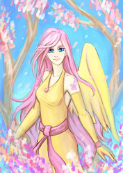 Size: 600x849 | Tagged: safe, artist:a-elly, fluttershy, human, g4, clothes, dress, evening gloves, female, humanized, light skin, solo, winged humanization