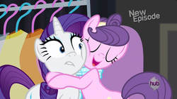 Size: 1366x768 | Tagged: safe, screencap, rarity, suri polomare, earth pony, pony, unicorn, g4, rarity takes manehattan, expression, female, hape, hub logo, hug, new episode, squishy, squishy cheeks