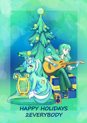 Size: 751x1063 | Tagged: safe, artist:a-elly, lyra heartstrings, human, pony, unicorn, fanfic:anthropology, g4, christmas, christmas tree, fanfic, fanfic art, female, glowing horn, guitar, hooves, horn, human ponidox, humanized, levitation, light skin, lyre, magic, mare, present, telekinesis, tree