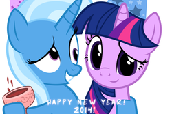 Size: 1050x700 | Tagged: safe, artist:navitaserussirus, trixie, twilight sparkle, g4, 2014, alcohol, derp, drunk, female, happy new year, holiday, lesbian, new year, ship:twixie, shipping