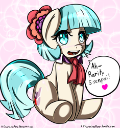 Size: 6670x7099 | Tagged: safe, artist:acharmingpony, coco pommel, rarity, earth pony, pony, g4, rarity takes manehattan, absurd resolution, cocobetes, cute, female, heart, lesbian, mare, open mouth, senpai, ship:marshmallow coco, shipping, solo, speech bubble