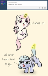 Size: 641x1018 | Tagged: safe, artist:arvaus, princess celestia, princess luna, ask woona and tia, g4, ask, cewestia, cute, filly, magic, tumblr, woona