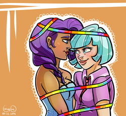 Size: 1280x1183 | Tagged: safe, artist:glitchowl, coco pommel, rarity, human, g4, rarity takes manehattan, female, humanized, lesbian, rainbow thread, ship:marshmallow coco, shipping