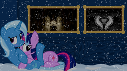 Size: 1280x720 | Tagged: safe, artist:navitaserussirus, trixie, twilight sparkle, g4, blushing, female, lesbian, scrunchy face, ship:twixie, shipping, snow, snowfall