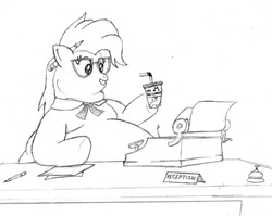 Size: 2324x1847 | Tagged: safe, artist:fatponysketches, grace manewitz, earth pony, pony, g4, bell, best pony of season 4, big macdonalds, black and white, desk, escii keyboard, fat, female, grayscale, monochrome, necktie, obese, overweight, receptionist, sitting, solo, typewriter