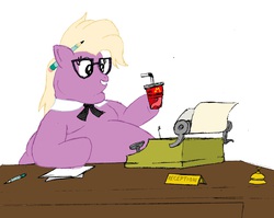 Size: 2324x1847 | Tagged: safe, grace manewitz, g4, bell, best pony of season 4, big macdonalds, colored, desk, escii keyboard, fat, female, obese, overweight, receptionist, sitting, solo, typewriter
