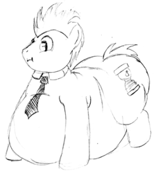 Size: 1175x1288 | Tagged: safe, artist:fatponysketches, doctor whooves, time turner, pony, unicorn, g4, bell, belly, bhm, fat, male, monochrome, necktie, obese, overweight, solo, the doctor