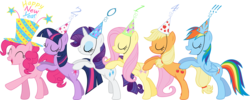 Size: 17320x6946 | Tagged: safe, artist:emedina13, applejack, fluttershy, pinkie pie, rainbow dash, rarity, twilight sparkle, earth pony, pegasus, pony, unicorn, g4, party of one, 2014, ^^, absurd resolution, butt touch, conga, eyes closed, female, happy new year, hat, hoof on butt, mane six, mare, new year, open mouth, party hat, simple background, transparent background, unicorn twilight, vector