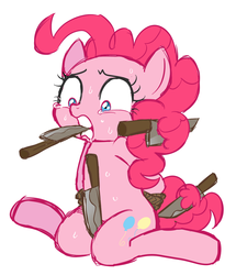 Size: 1023x1187 | Tagged: safe, artist:momo, pinkie pie, earth pony, pony, g4, abuse, bondage, female, knife, mare, pinkiebuse, rope, scared, solo, sweat