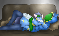 Size: 2900x1800 | Tagged: safe, artist:cleppyclep, soarin', oc, oc:anon, human, pegasus, pony, g4, clothes, couch, cuddling, goggles, hug, human on pony snuggling, lying down, prone, snuggling, uniform, wonderbolts uniform