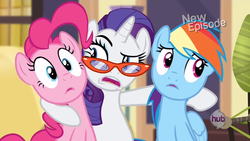 Size: 1440x810 | Tagged: safe, screencap, pinkie pie, rainbow dash, rarity, g4, rarity takes manehattan, awkward, d:, frown, glasses, hub logo, hubble, hug, raised eyebrow, rarity's glasses, uncomfortable, wide eyes