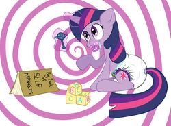 Size: 1900x1400 | Tagged: safe, artist:skitter, twilight sparkle, pony, unicorn, g4, adult foal, book, diaper, drool, female, floppy ears, hypnosis, magic, mental regression, non-baby in diaper, pacifier, poofy diaper, self hypnosis, solo, unicorn twilight
