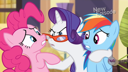 Size: 1440x810 | Tagged: safe, screencap, pinkie pie, rainbow dash, rarity, g4, rarity takes manehattan, angry, awkward, glasses