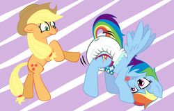 Size: 2500x1600 | Tagged: safe, artist:skitter, applejack, rainbow dash, pegasus, pony, g4, butt, butt shake, diaper, diaper fetish, female, lesbian, mare, non-baby in diaper, plot, poofy diaper, raised tail, ship:appledash, shipping, showing off, sweat, tail, tongue out