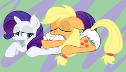 Size: 2100x1200 | Tagged: safe, artist:skitter, applejack, rarity, earth pony, pony, unicorn, g4, butt pillow, diaper, diaper fetish, female, mare, non-baby in diaper