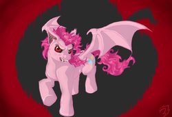 Size: 950x650 | Tagged: safe, artist:halfwhite, pinkie pie, bat pony, pony, g4, bat ponified, female, pinkiebat, race swap, solo