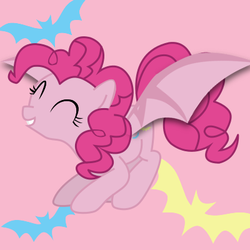 Size: 400x400 | Tagged: safe, artist:pinkiepie03, pinkie pie, bat pony, pony, g4, bat ponified, eyes closed, female, grin, pinkiebat, race swap, smiling, solo, spread wings