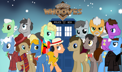 Size: 1366x809 | Tagged: safe, doctor whooves, eleventh hour, perfect pace, perry pierce, pokey pierce, time turner, pony, g4, ascot tie, blazer, bowtie, clothes, cravat, doctor who, eighth doctor, eleventh doctor, fedora, fifth doctor, first doctor, fourth doctor, frock coat, hat, jumper, ninth doctor, panama hat, peacoat, ponified, ribbon bow tie, scarf, second doctor, seventh doctor, shirt, sixth doctor, tardis, tenth doctor, the doctor, third doctor, trenchcoat, twelfth doctor, war doctor
